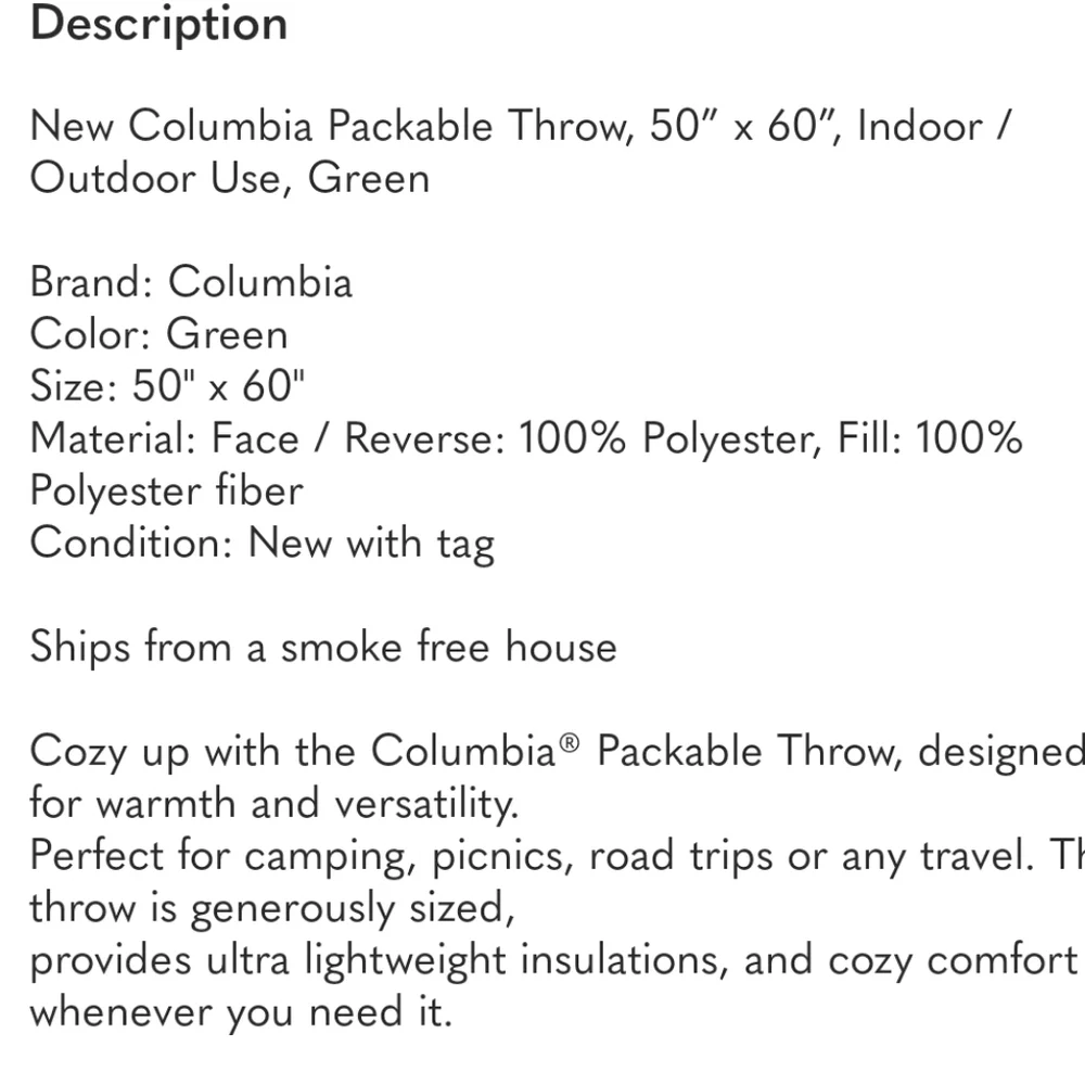 Columbia Packable Throw All Season Warmth 50” x 60” Machine Washable Green/Gray